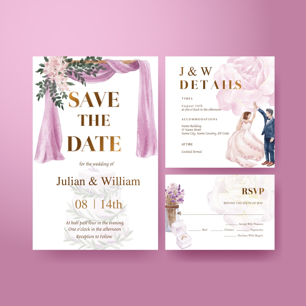 Wedding card template with lilac violet wedding concept,watercolor style