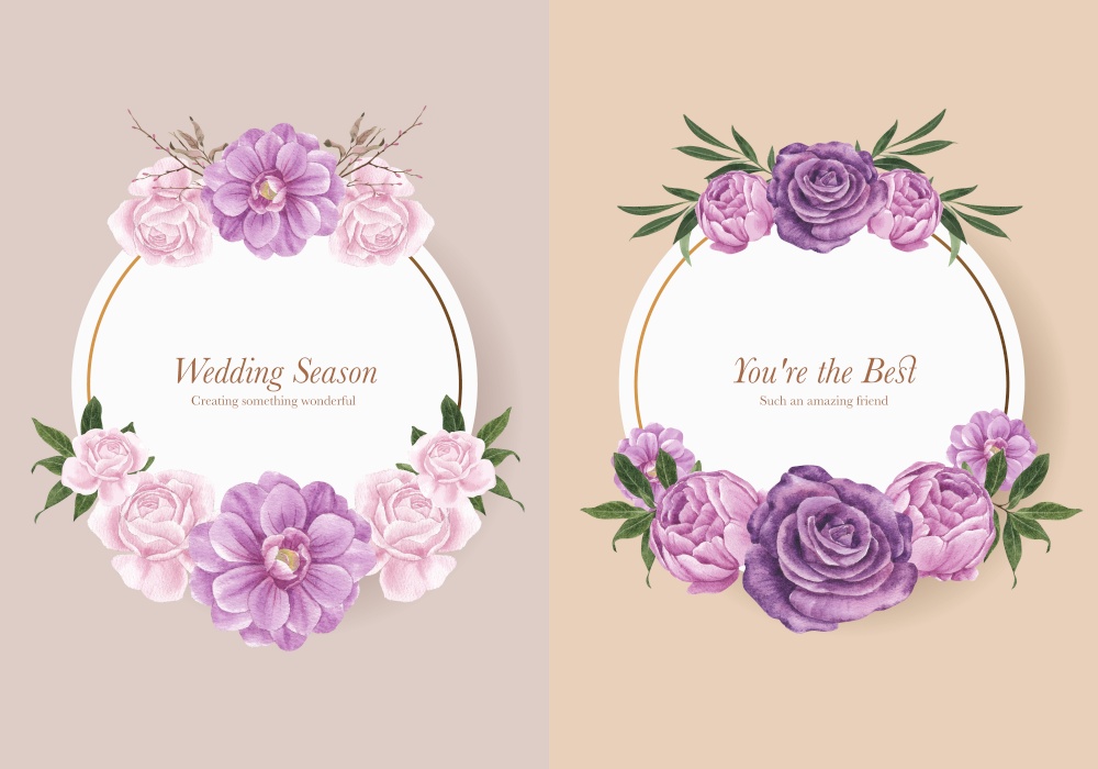 Wreath template with lilac violet wedding concept,watercolor style