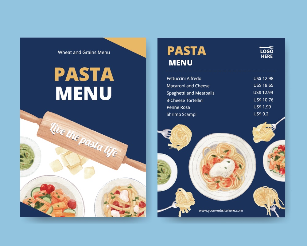 Menu template with pasta cancept,watercolor style