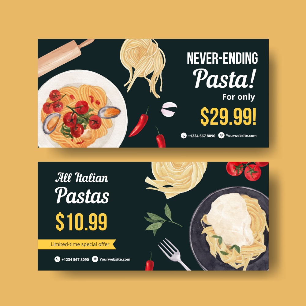 Voucher template with pasta cancept,watercolor style