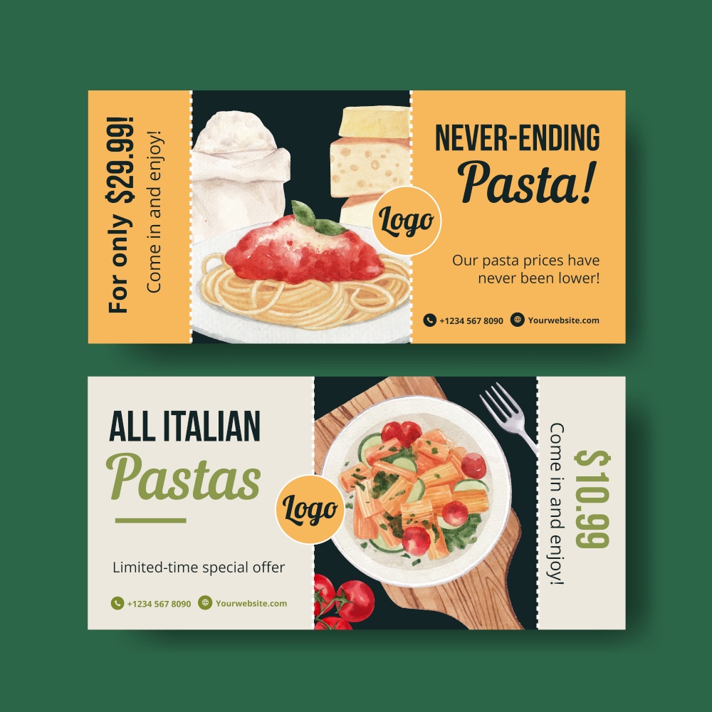 Voucher template with pasta cancept,watercolor style