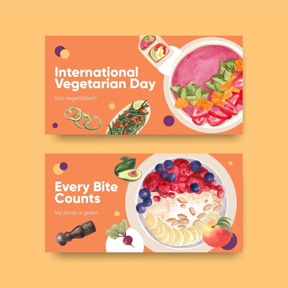 Twitter template with world vegetarian day concept,watercolor style