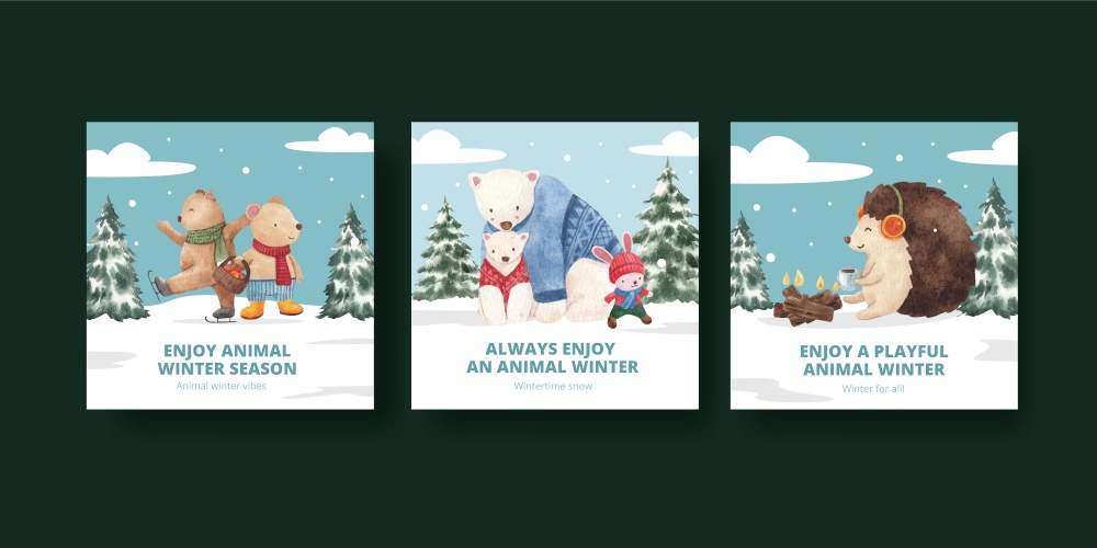 Banner tempalte with animal enjoy winter concept,watercolor style