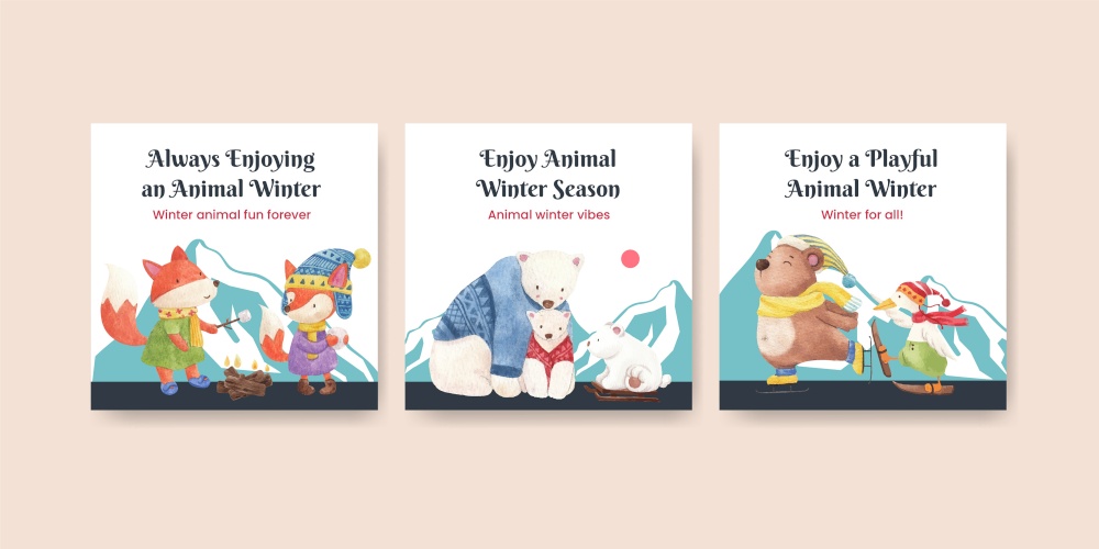 Banner tempalte with animal enjoy winter concept,watercolor style
