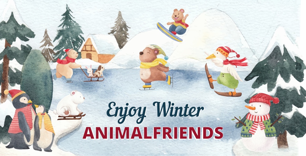 Billboard tempalte with animal enjoy winter concept,watercolor style