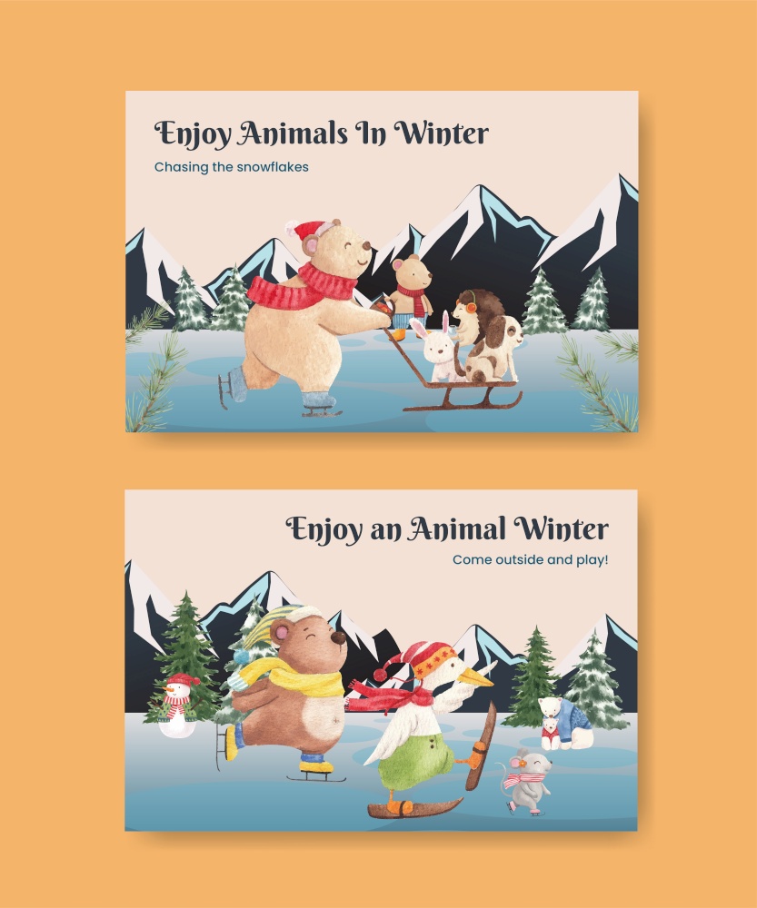 Facebook tempalte with animal enjoy winter concept,watercolor style