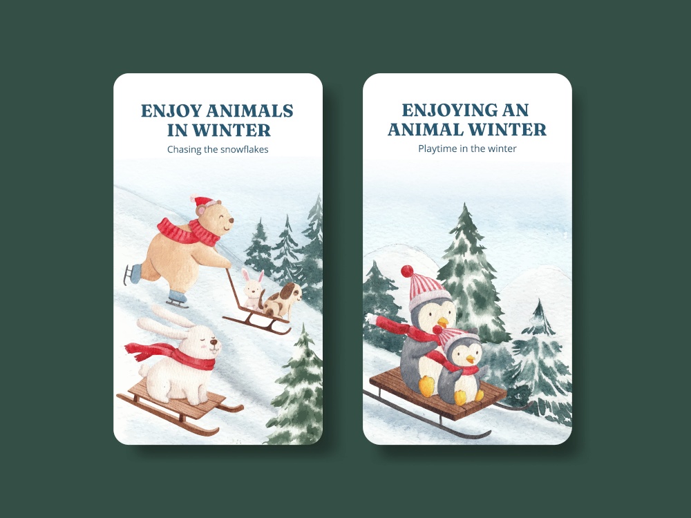 Instagram tempalte with animal enjoy winter concept,watercolor style
