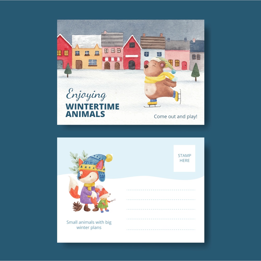 Postcard tempalte with animal enjoy winter concept,watercolor style
