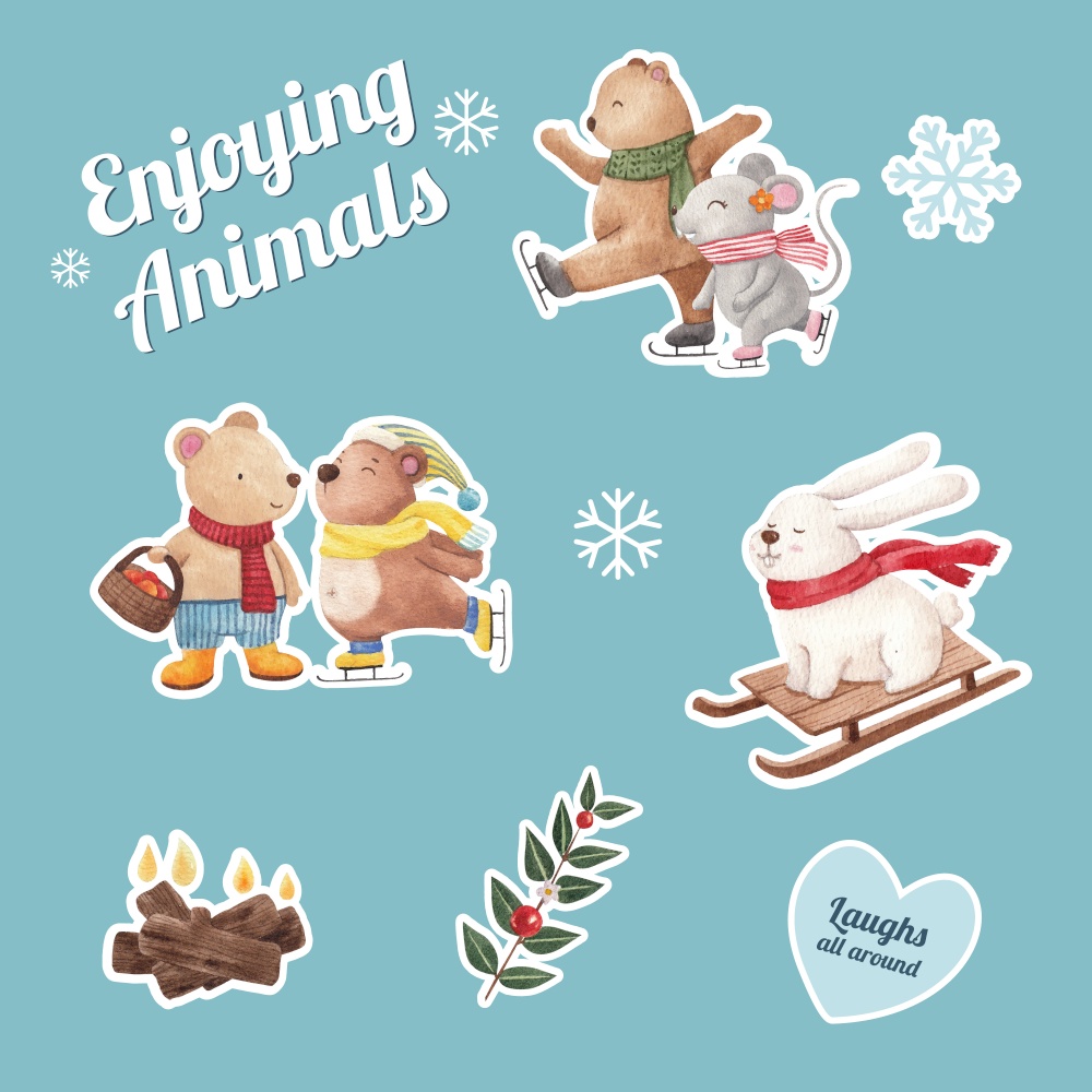 Sticker with animal enjoy winter concept,watercolor style