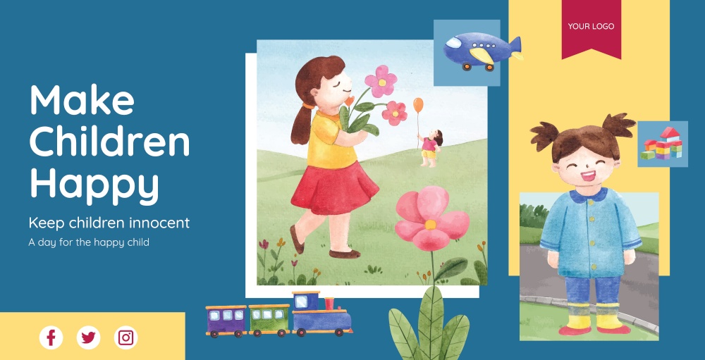 Billboard template with happy children concept,watercolor style