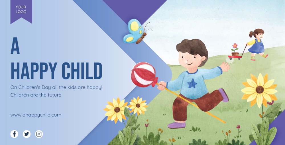 Billboard template with happy children concept,watercolor style