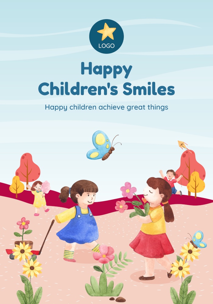 Poster template with happy children concept,watercolor style