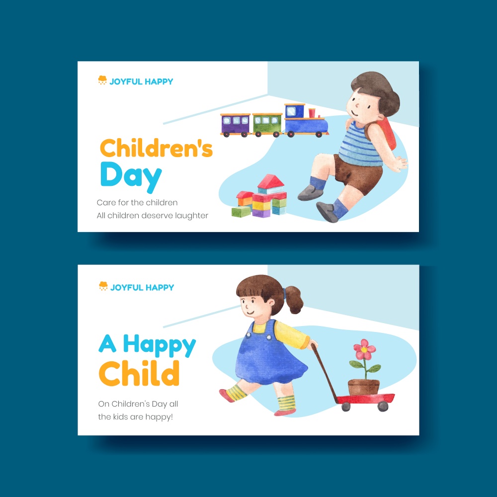 Twitter template with happy children concept,watercolor style