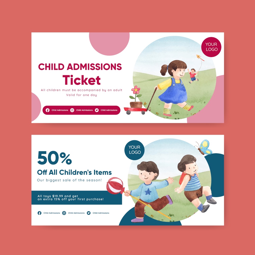 Voucher template with happy children concept,watercolor style