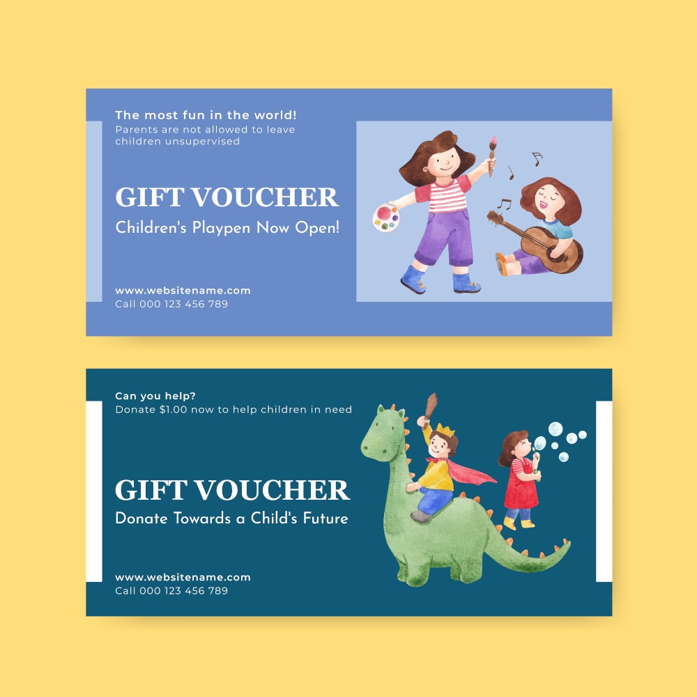Voucher template with happy children concept,watercolor style