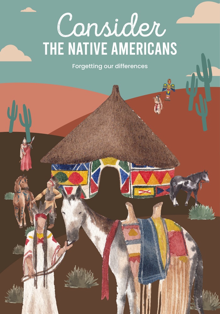 Poster template with native american concept,watercolor style