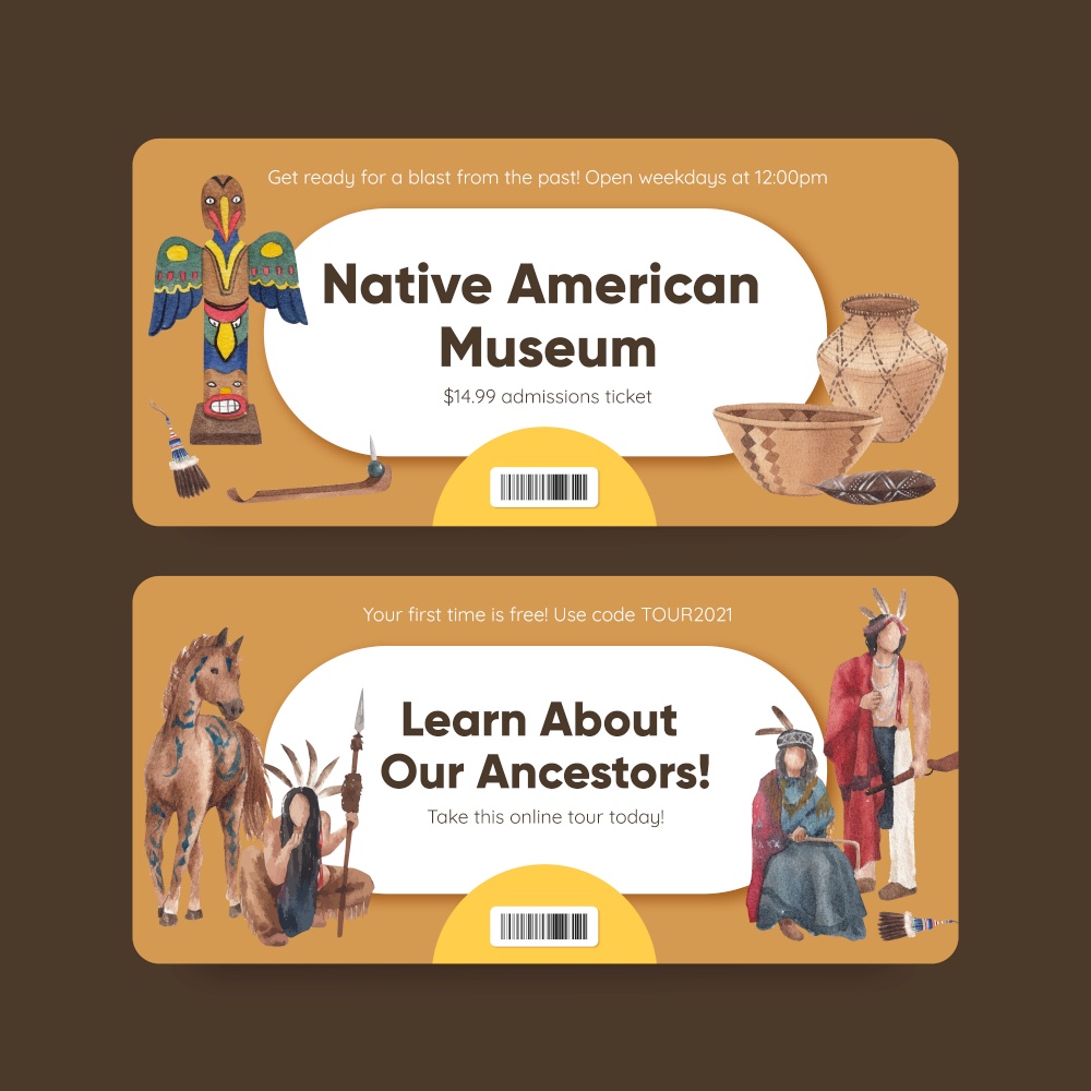 Ticket template with native american concept,watercolor style
