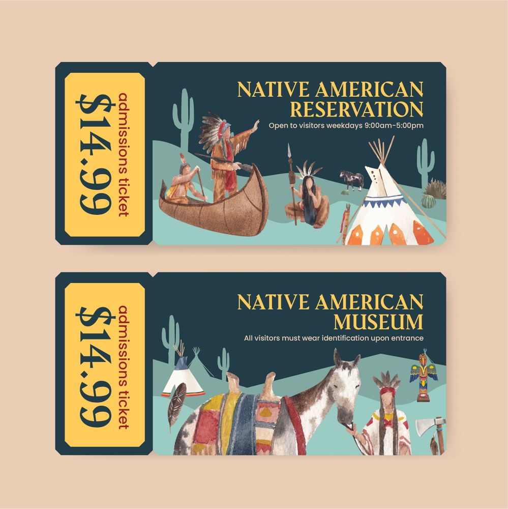 Ticket template with native american concept,watercolor style