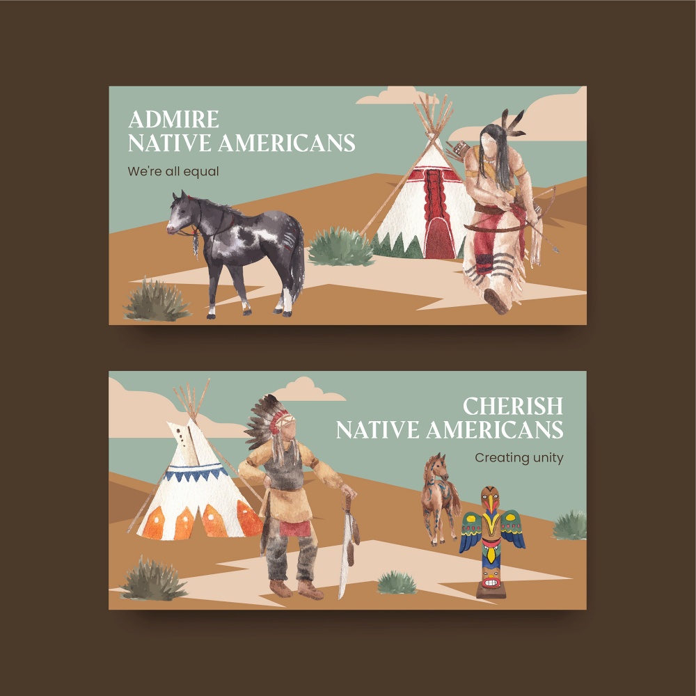 Twitter template with native american concept,watercolor style