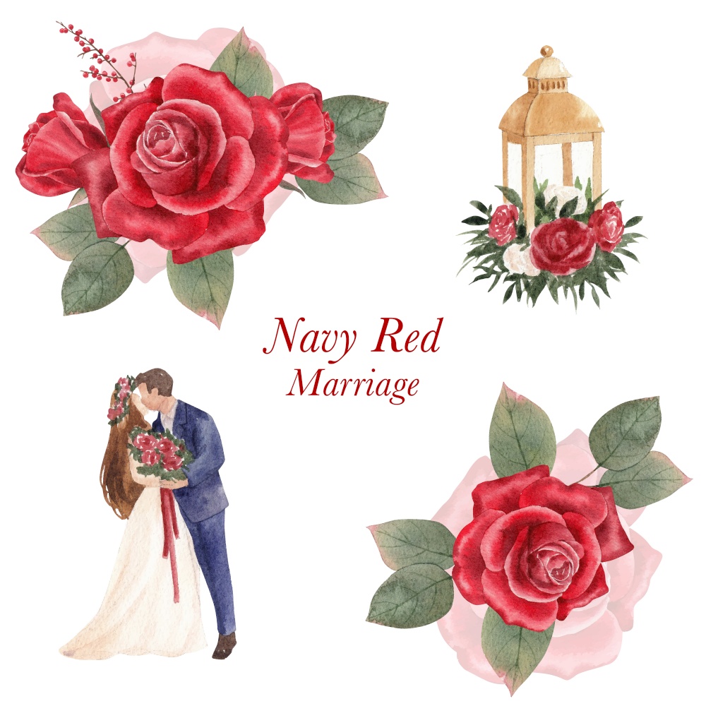 Bouquet with red navy wedding concept,watercolor style