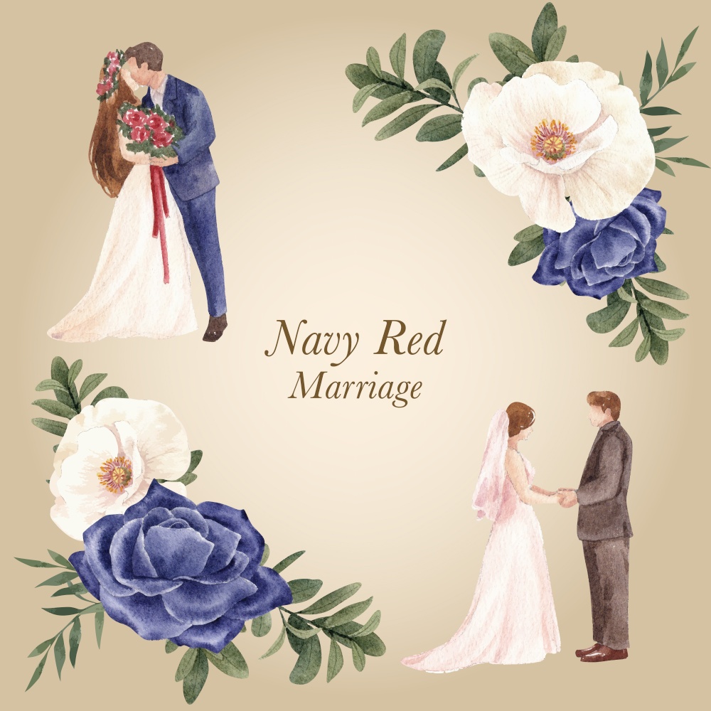 Bouquet with red navy wedding concept,watercolor style