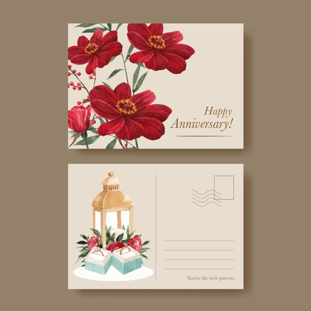 Postcard tempalte with red navy wedding concept,watercolor style
