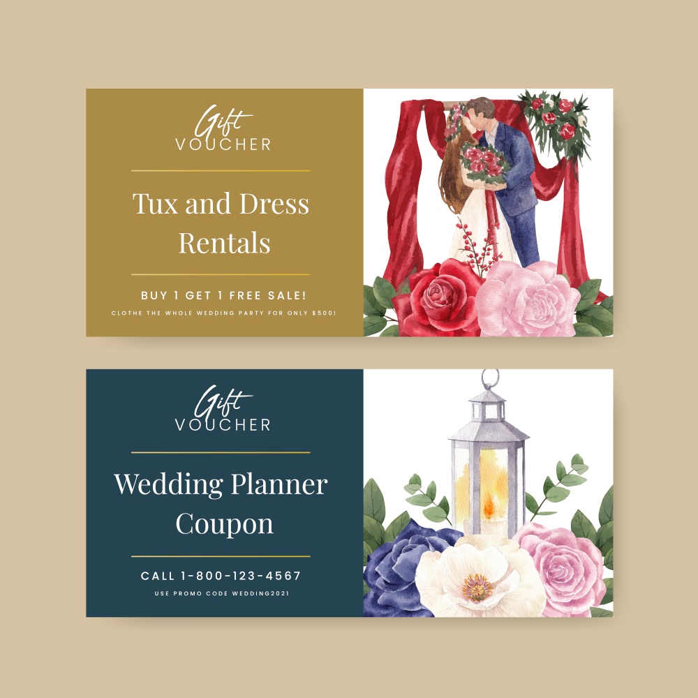 Voucher tempalte with red navy wedding concept,watercolor style