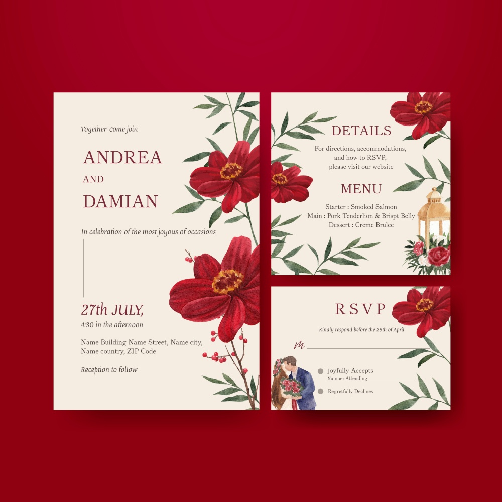 Wedding card tempalte with red navy wedding concept,watercolor style