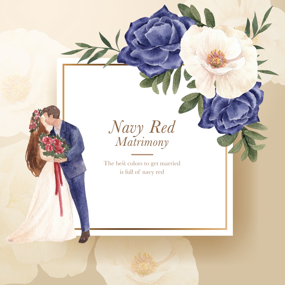 wreath with red navy wedding concept,watercolor style