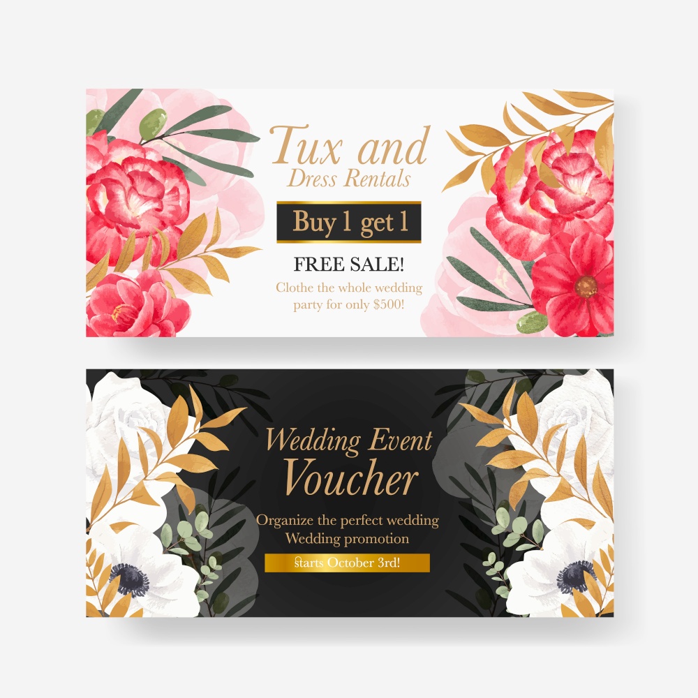 Voucher template with winter floral concept,watercolor style
