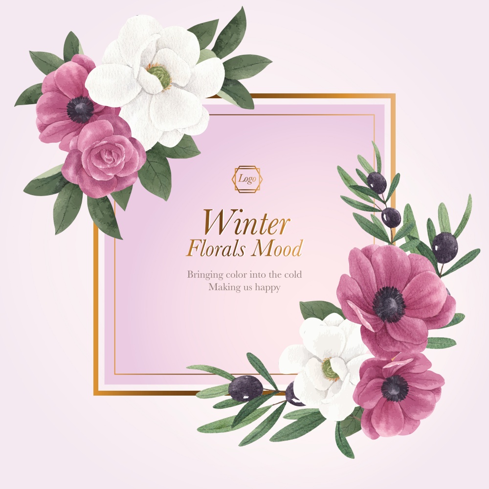 Wreath template with winter floral concept,watercolor style