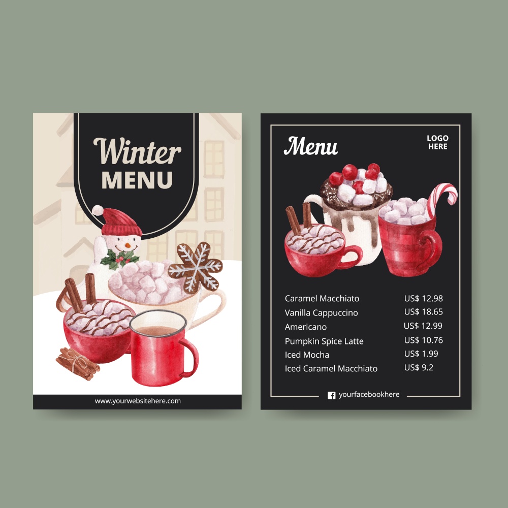 Menu template with winter living concept,watercolor style