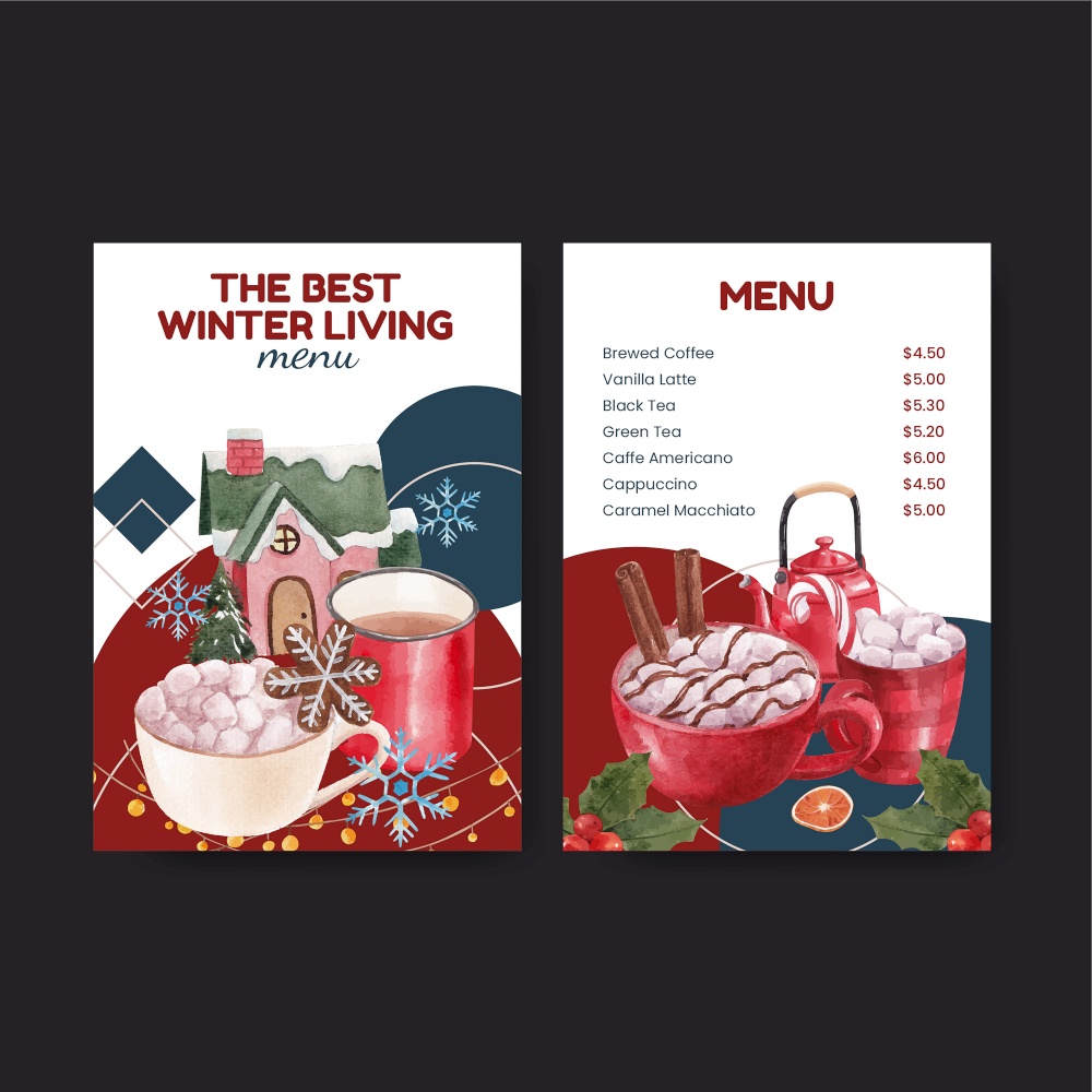 Menu template with winter living concept,watercolor style