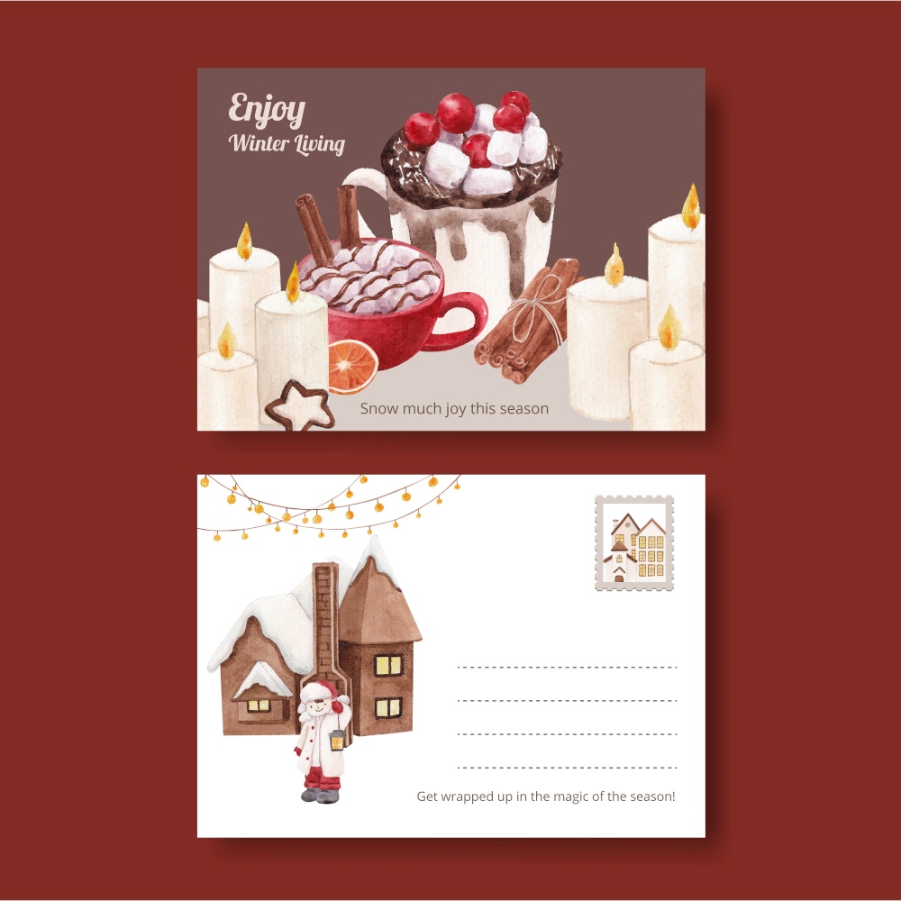 Postcard template with winter living concept,watercolor style