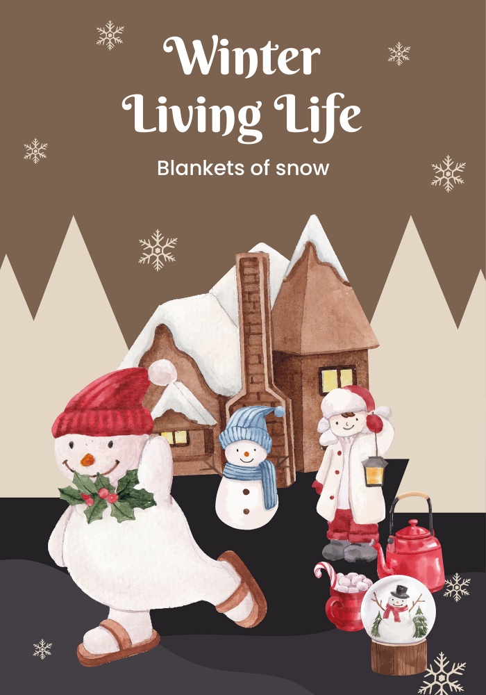 Poster template with winter living concept,watercolor style