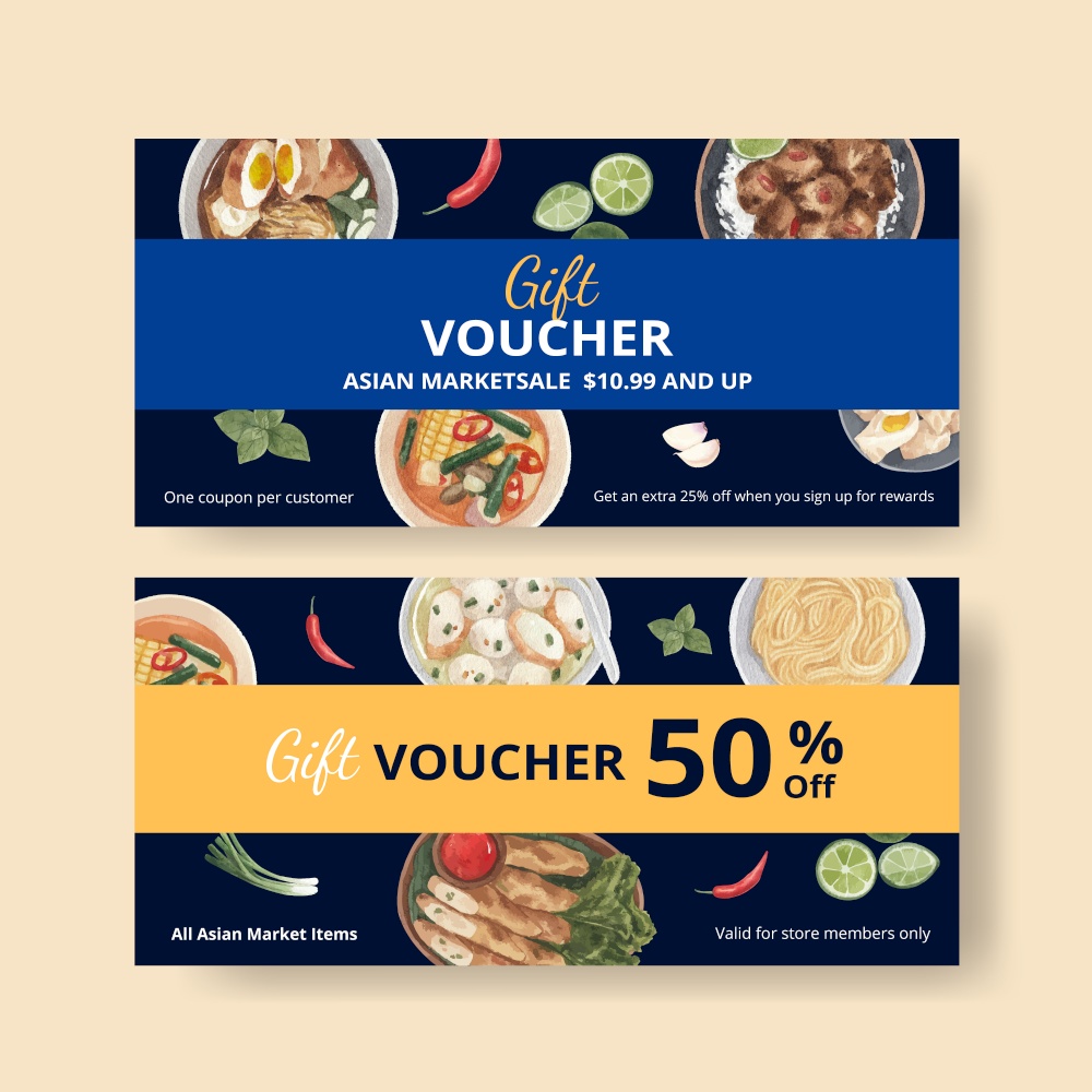 Voucher template with Hong Kong food concept,watercolor style