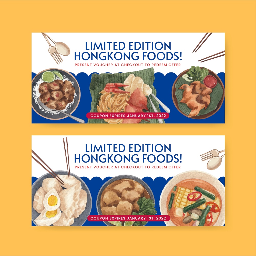 Voucher template with Hong Kong food concept,watercolor style
