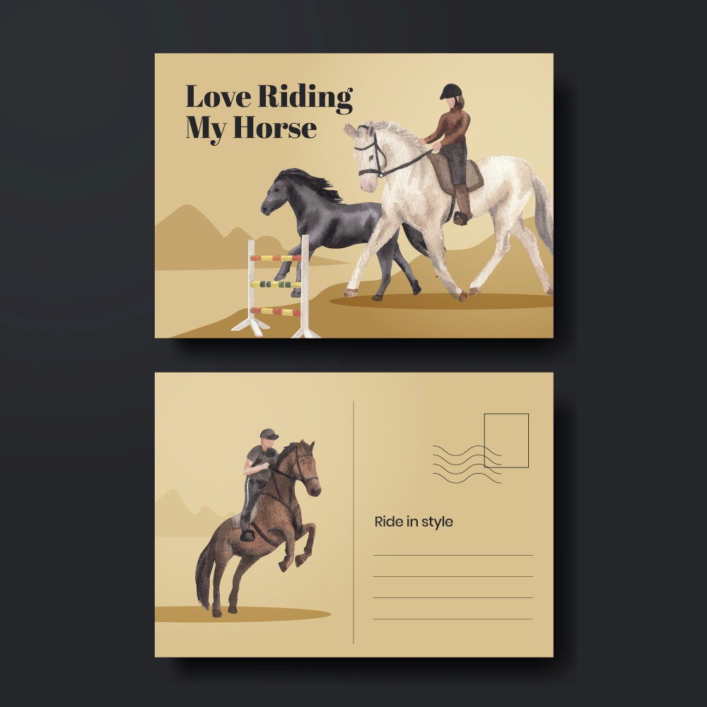 Postcard template with horseback riding concept,watercolor style