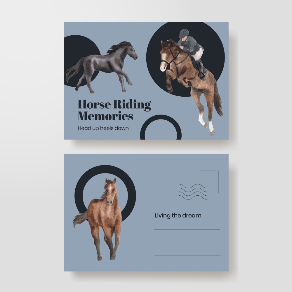 Postcard template with horseback riding concept,watercolor style