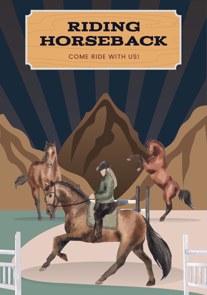 Poster template with horseback riding concept,watercolor style