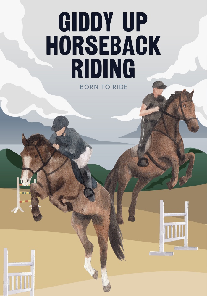 Poster template with horseback riding concept,watercolor style