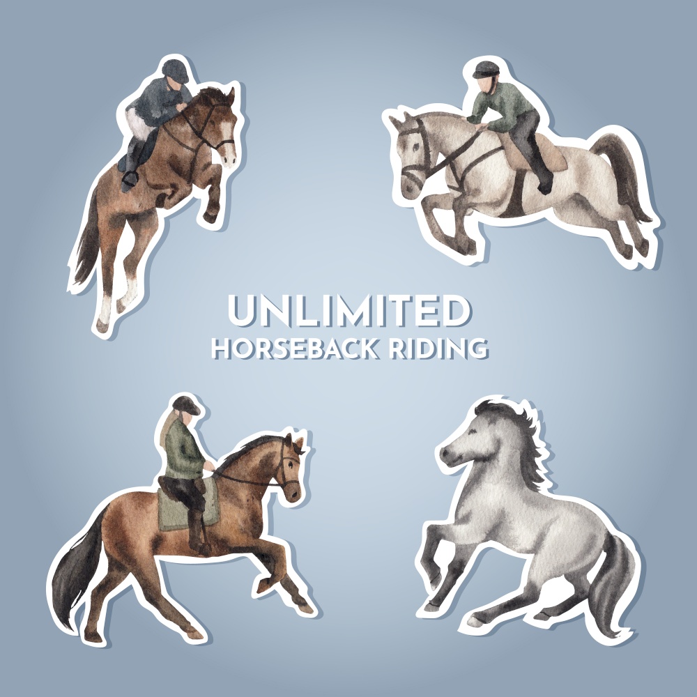 Sticker template with horseback riding concept,watercolor style