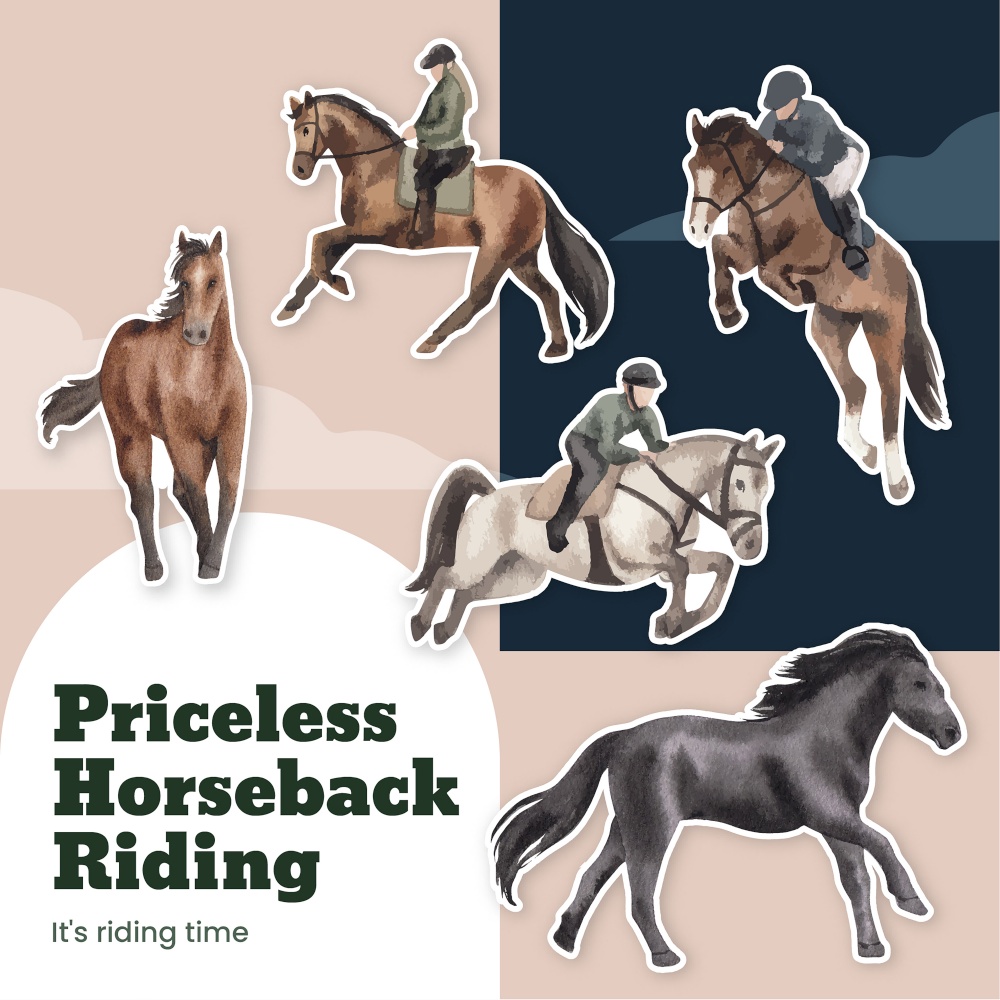 Sticker template with horseback riding concept,watercolor style