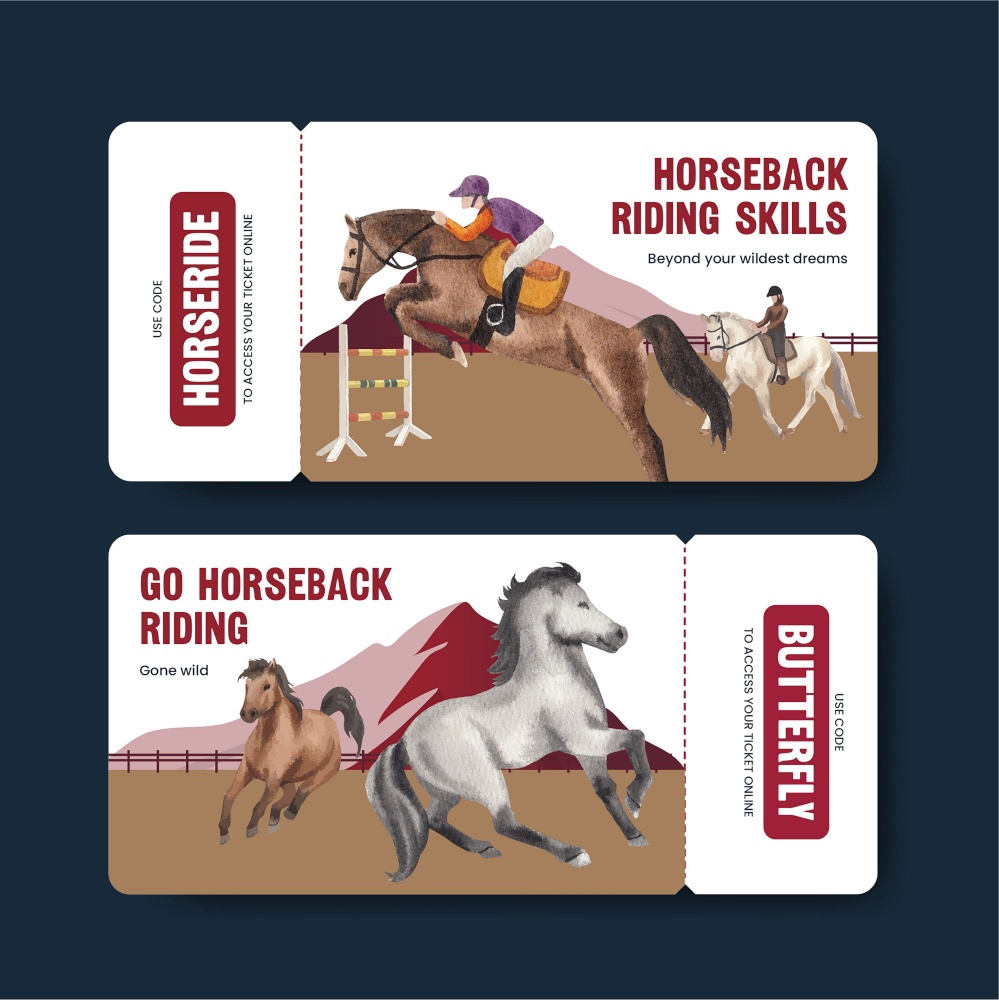 Ticket template with horseback riding concept,watercolor style