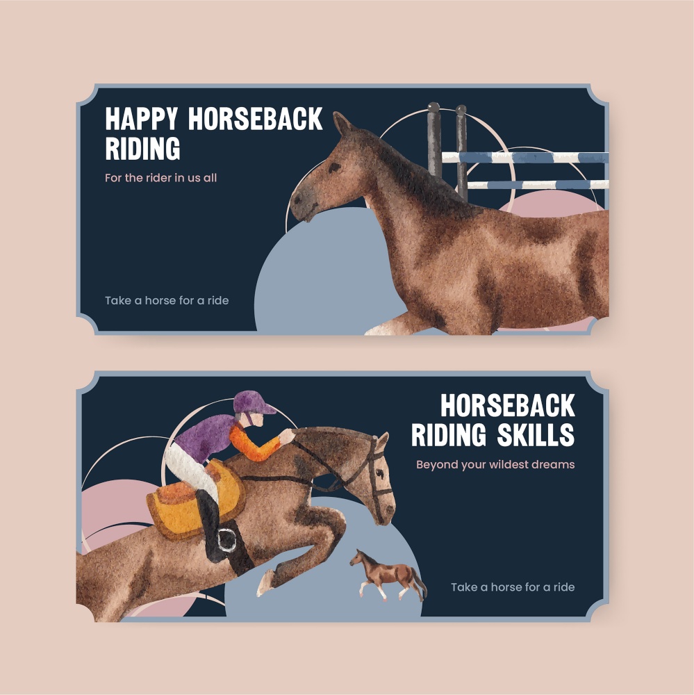 Ticket template with horseback riding concept,watercolor style