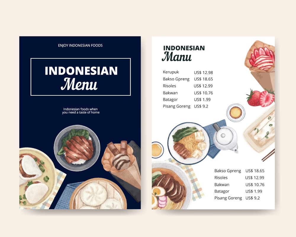 Menu template with Indonesian cruisine concept,watercolor style