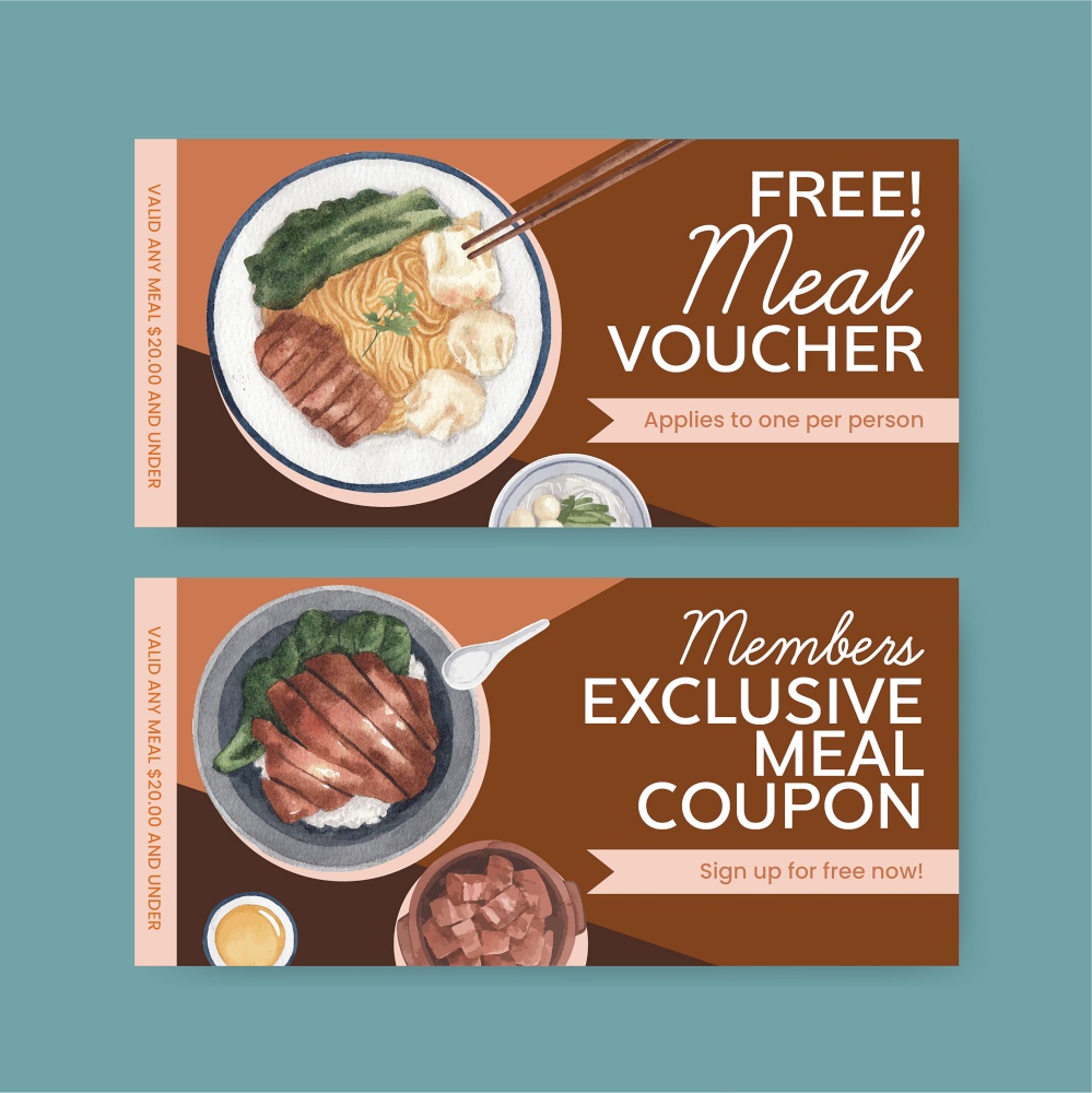 Voucher template with Indonesian cruisine concept,watercolor style