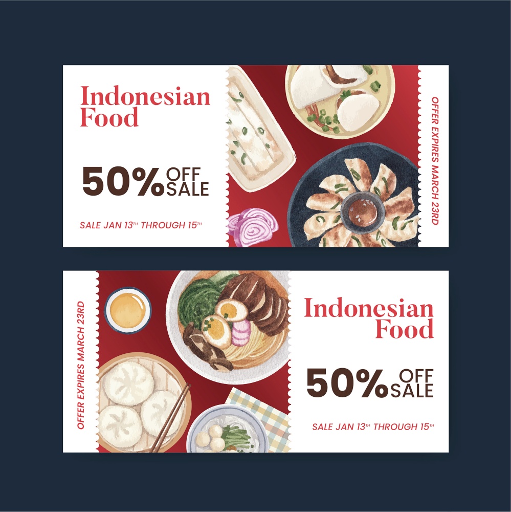 Voucher template with Indonesian cruisine concept,watercolor style