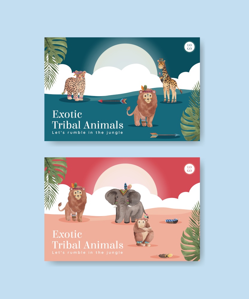 Facebook template with jungle tribal animal concept,watercolor style