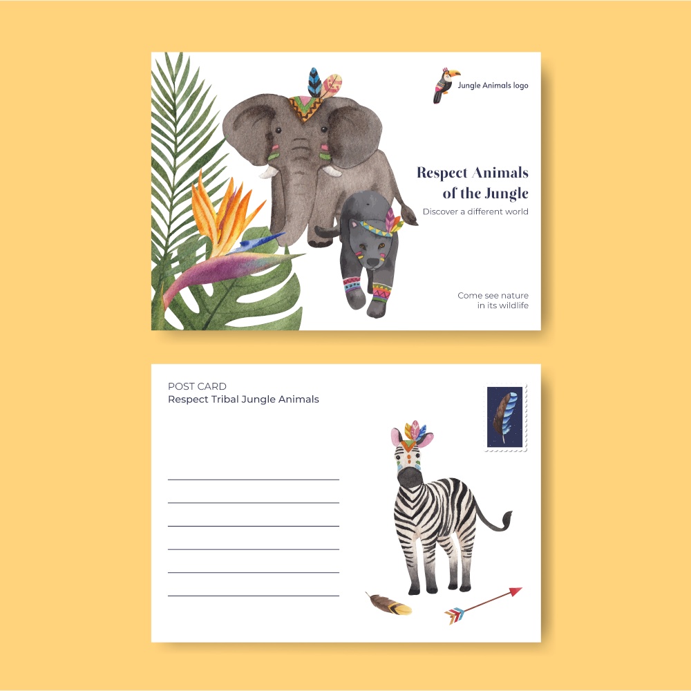 Postcard template with jungle tribal animal concept,watercolor style